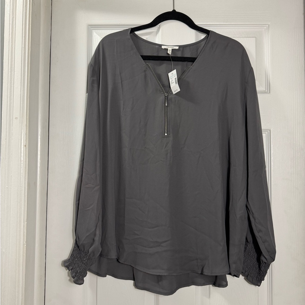 Maurices 1X Charcoal Half Zip Blouse Smocked Cuffs NWT Business Casua